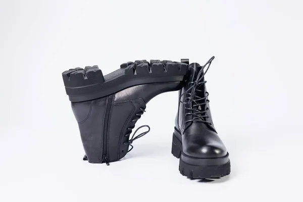 Women Black Leather Boots White Background Shoes Options Its Layout — Stock Photo, Image
