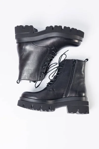 Women Black Leather Boots White Background Shoes Options Its Layout — 스톡 사진