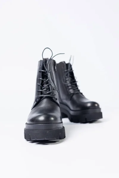 Women Black Leather Boots White Background Shoes Options Its Layout — Fotografia de Stock
