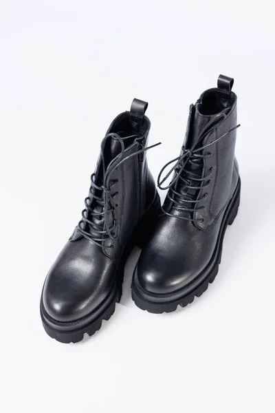 Women Black Leather Boots White Background Shoes Options Its Layout — Fotografia de Stock