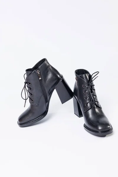 Women Boots Black Genuine Leather Heels Isolated White Background Photo — Stock Photo, Image