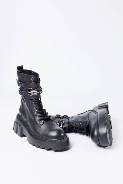 Women Shoes White Background Close Women Black Leather Boots Buckles — Φωτογραφία Αρχείου