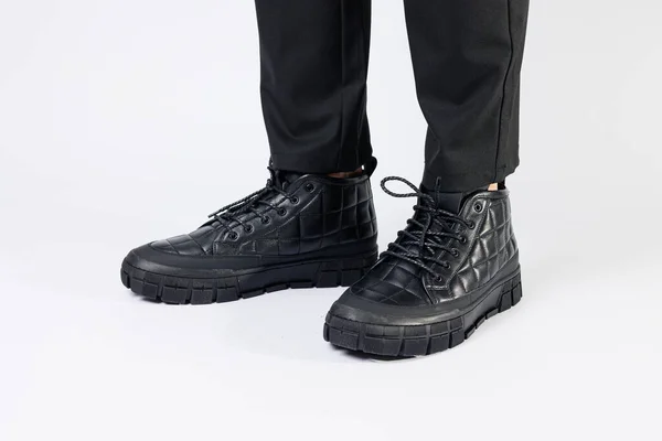 Men Black Boots Made Genuine Leather Men Footwear White Background — Stock Photo, Image