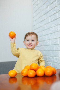 2 yaşında küçük bir çocuk mandalinaları elinde tutuyor. Çocuk ilk kez turunçgillerin üzerine oturmak istiyor..