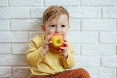 Tatlı gülümseyen çocuk taze, sulu bir kırmızı elma yiyor. Küçük çocuklar için sağlıklı meyveler