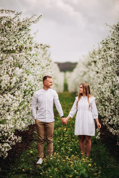 Gyönyörű Fiatal Pár Egy Romantikus Helyen Tavaszi Virágzó Almás Kertben — Stock Fotó
