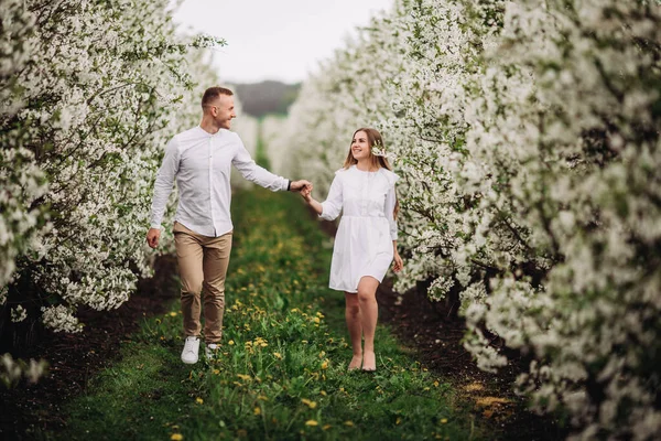 春には幸せな家族カップルがリンゴの果樹園を咲かせます 庭を歩いている間 恋に若いカップルがお互いをお楽しみください 男は女の手を握っている 家族関係 — ストック写真