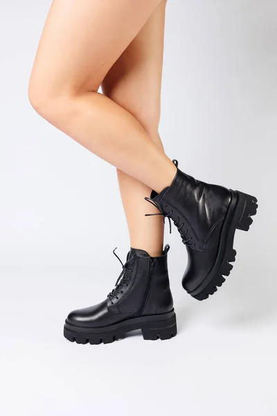 Woman Trendy Black Shoes White Background Close Woman Legs Stylish — Stock Photo, Image
