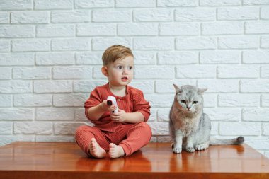 2 yaşındaki küçük bir çocuk, temassız termometresi olan bir kedinin sıcaklığını ölçer.