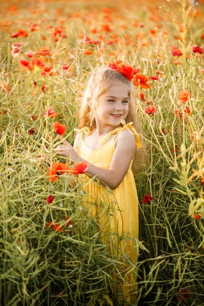 Menina Alegre Com Sorriso Rosto Papoilas Florescendo Campo Flores Vermelhas — Fotografia de Stock
