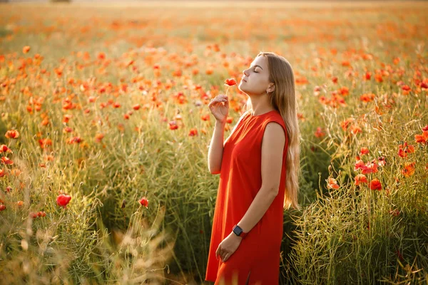 Woman European Appearance Long Blonde Hair Red Summer Dress She — Stockfoto