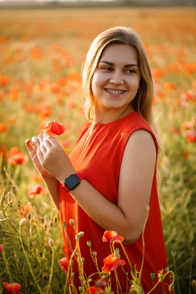 Happy Blonde Woman Red Dress Holding Flower Her Hair Poppy — Stock Photo, Image