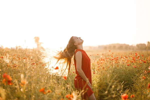 Beautiful Woman Red Dress Field Blooming Poppies Selective Focus — Fotografia de Stock
