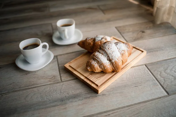 Fresh Pastries Croissants Chocolate Wooden Board Two Cups Black Coffee — Stock Photo, Image