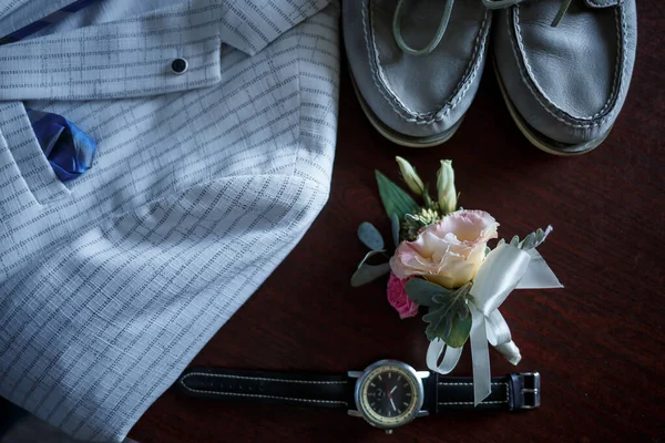 Conjunto Elegante Accesorios Novio Para Hombre Para Día Boda Zapatos — Foto de Stock