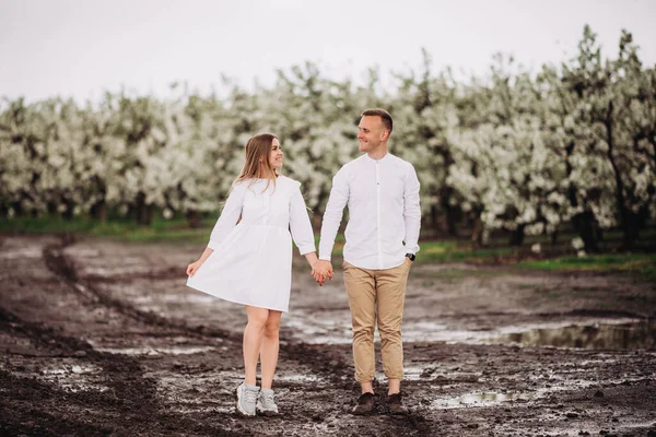 Gelukkig Familie Koppel Lente Bloeiende Appelboomgaard Jong Verliefd Stel Genieten — Stockfoto