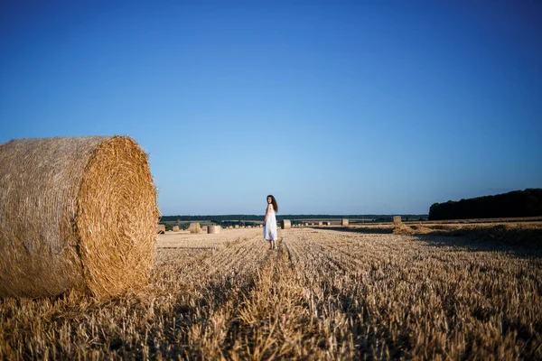 Beyaz bir yaz elbisesi içinde genç ve güzel bir kadın biçilmiş buğday tarlasında duruyor. Kocaman saman demetleriyle, doğanın tadını çıkarıyor. Köyün doğası. Seçici odak