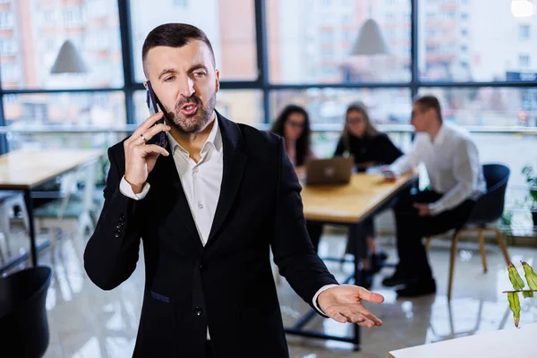 Handsome Young Businessman Modern Suit Using His Mobile Phone Successful — 图库照片