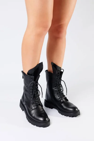 Women Black Spring Boots Made Genuine Leather Dressed Bare Feet — Stock Photo, Image