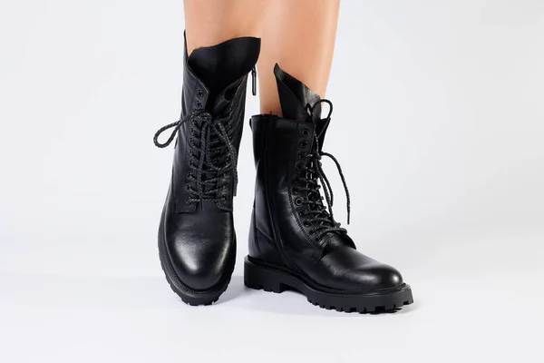 Women Black Spring Boots Made Genuine Leather Dressed Bare Feet — Stock Photo, Image