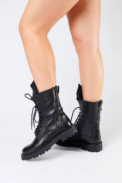 Women Black Spring Boots Made Genuine Leather Dressed Bare Feet — Stock Photo, Image