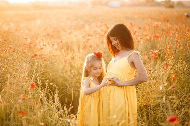 Sarı elbiseli kızıyla birlikte genç hamile bir kadın gelincik tarlasında duruyor. Aile ilişkileri