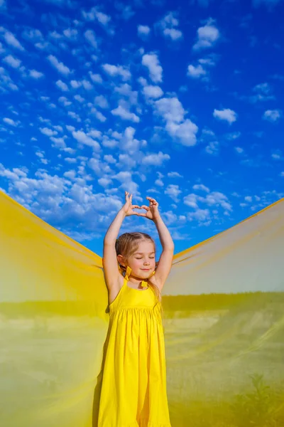 Ukraynalı 7 yaşında, Ukraynalı bir vatansever, mavi gökyüzüne karşı sarı bir elbise giymiş. Mavi gökyüzü. Güneşli bir gün. Özgür Ukraynalı çocuk. Ukrayna 'nın çocuk sembolü