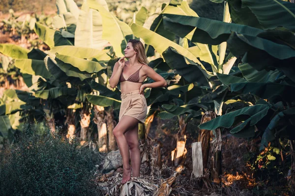 Güzel bir kız, bir palmiye ağacının yanında güzel bir poz verir. Muz tarlasında çekilen bir portre.