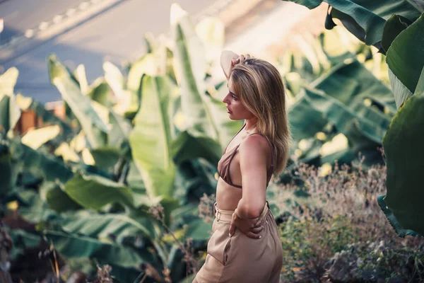 Güzel bir kız, bir palmiye ağacının yanında güzel bir poz verir. Muz tarlasında çekilen bir portre.