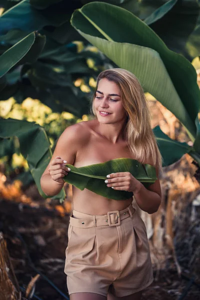 Güzel bir kız, bir palmiye ağacının yanında güzel bir poz verir. Muz tarlasında çekilen bir portre.