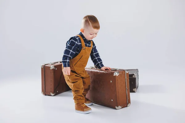 Happy Little Boy Brown Suitcase Portrait Child Tourist Child Overalls — Stockfoto