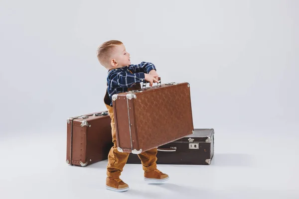 Happy Little Boy Brown Suitcase Portrait Child Tourist Child Overalls — Fotografia de Stock