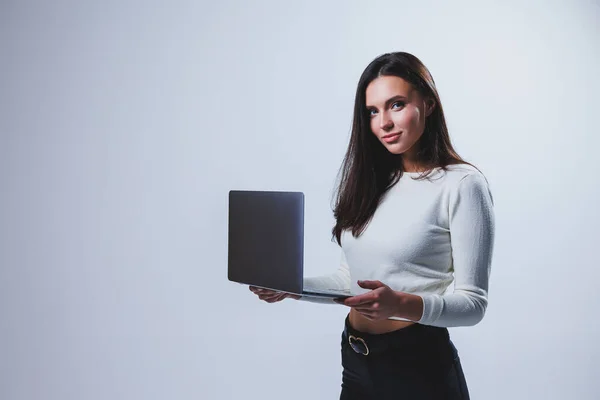 Young Woman Manager White Shirt Holds Portable Laptop Her Hands — Foto de Stock