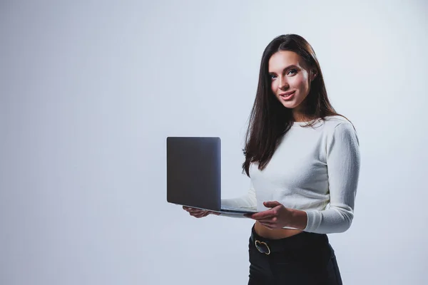 Young Woman Manager White Shirt Holds Portable Laptop Her Hands — Foto de Stock