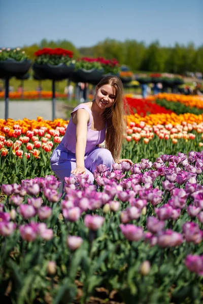 Young Woman Pink Suit Stands Blooming Field Tulips Spring Time — стоковое фото
