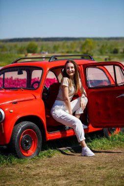 Renkli lale tarlalarında taşralı bir arabanın üzerine eğilmiş güzel bir kadının portresi. Chilliwack Tulip Ftstival. İngiliz Kolombiyası. Kanada