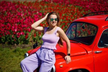 Gündelik giysiler içinde bir kız model lale tarlalarının arasında kırmızı bir arabada oturuyor..