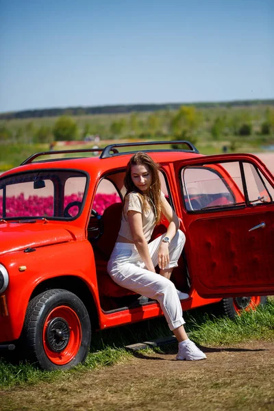 Renkli lale tarlalarında taşralı bir arabanın üzerine eğilmiş güzel bir kadının portresi. Chilliwack Tulip Ftstival. İngiliz Kolombiyası. Kanada