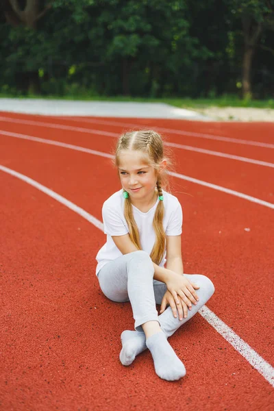 Little Girl Years Old White Shirt Runs Outdoors Stadium Girl — Fotografia de Stock