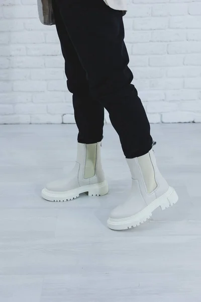 Women Legs Close White Autumn Boots Women Boots Made Genuine — Stockfoto