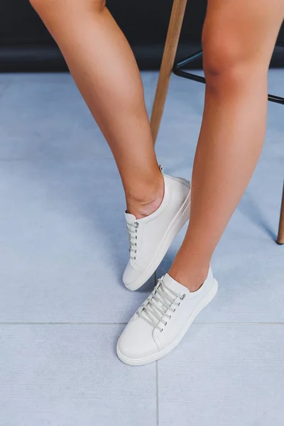 Women Legs Close White Leather Sneakers Made Natural Leather Collection — Foto de Stock