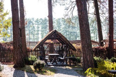 Beautiful wooden gazebo for outdoor recreation. Place in nature with a wooden house