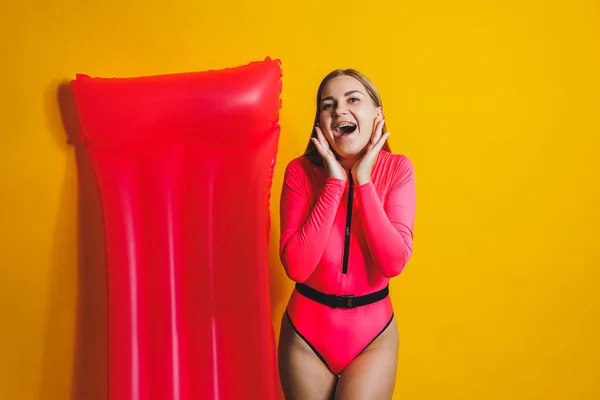 Beautiful Young Smiling Woman Wearing Pink Swimsuit Posing Yellow Background — 스톡 사진