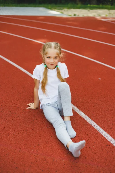Little Girl Years Old White Shirt Runs Outdoors Stadium Girl — Fotografia de Stock