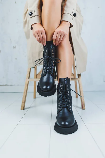 Fashionable Leather Lace Boots Female Feet Close Fashionable New Collection — Stock Photo, Image