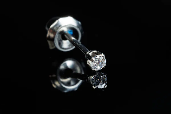Silver Earring Macro Photo Precious Stone Black Isolated Background — Stock Photo, Image