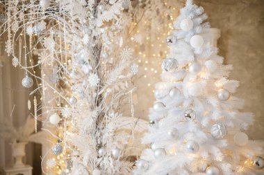 Evin içi tatil beklentisiyle bir Noel ağacı ile süslenmiştir. Büyük parlak bir oda dekorasyonlarla süslenmiştir. Yeni yıl. Noel süslemeleri