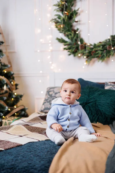 Petit Garçon Mignon Est Assis Sur Lit Sur Fond Arbre — Photo