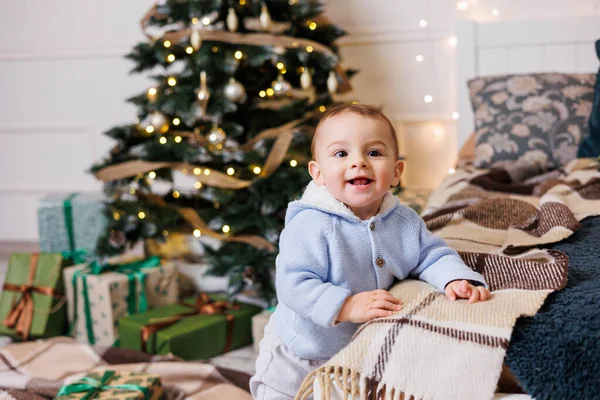 One Year Old Boy Sits Decorated Christmas Tree Gifts Christmas — Stock Photo, Image