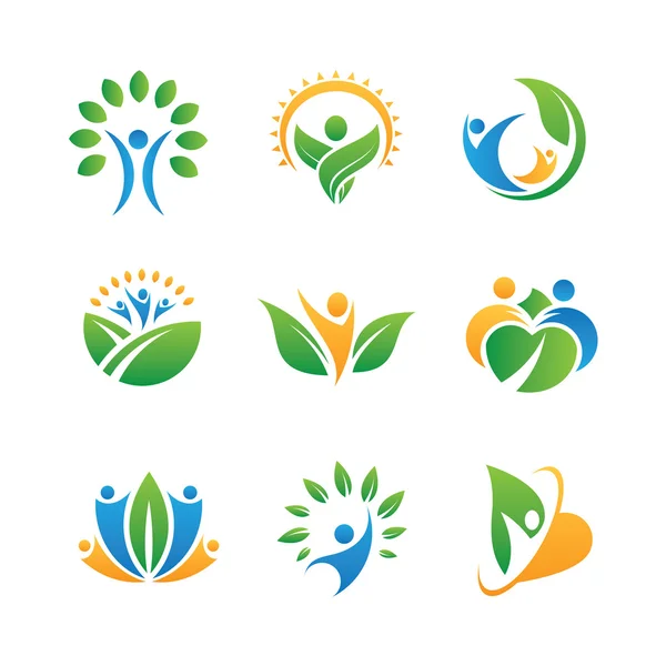 Les gens sociaux de retour à la nature vivant en harmonie logo et icône ensemble — Image vectorielle